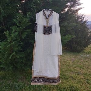 Indian Kurtis inspired Ivory Midi with Slits Dress Top and Scarf with beads.